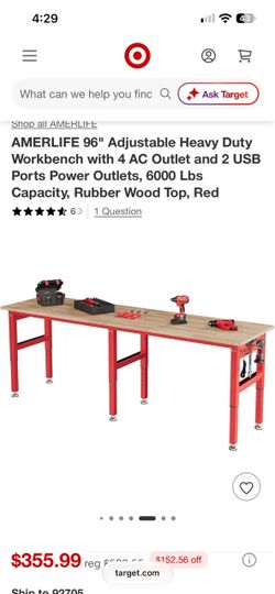 AMERLIFE 96" Adjustable Heavy Duty Workbench with 4 AC Outlet and 2 USB Ports Power Outlets, 6000 Lbs Capacity, Rubber Wood Top, Red