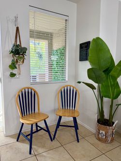 Set of 2 Refinished Solid Wood Windsor Dining Chairs – Navy Blue & Natural Wood