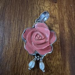 Vtg Carved Coral Rose Sterling Silver Pendant with Pearls