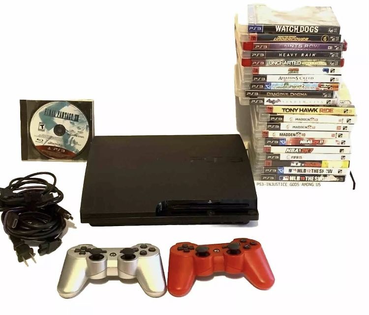 Playstation 3 PS3 Slim 320GB Bundle CECH-3001B 22 Games, Controllers, Power Cord