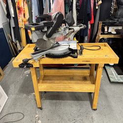 12” Chicago Electric Miter Saw on Solid Wood Workbench - Laser Guide, DeWalt Blade