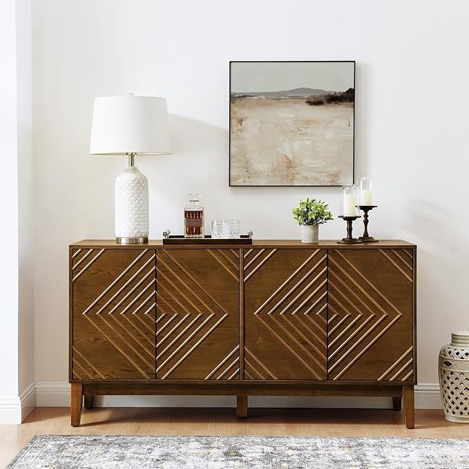 Walnut Sideboard with Storage, 60.5 Inch Coffee Cabinet with 4 Geometric Design Doors and Adjustable Shelves, Mid-Century Modern Wood Buffet Table, St