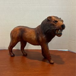Vintage Lion Leather Paper Mache Wrapped Sculpture Statue Animal 13” A11