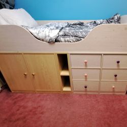 Solid Wood Captain's Bed & Twin Bed Bunk Set With Underbed Drawers And Shelves