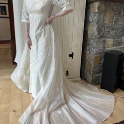 Vtg Regency Era Daphne Bridgerton Style Wedding Dress Empire Waist Lace Train