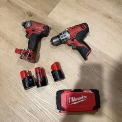 Milwaukee M12 Tool Lot – Impact Driver, Drill, 5 Batteries, Bit Set – All Working 