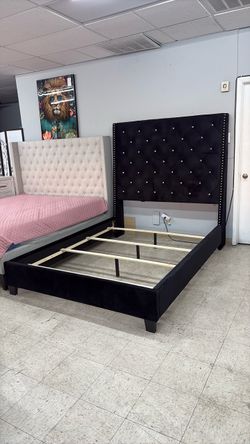 Queen bed frame black velvet with diamonds on headboard NEW