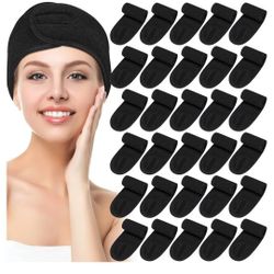 30 Pack Spa Headband Facial Esthetician Hair Wrap for Women Adjustable Makeup Sports Shower Stretch Towel with Tape(Black)