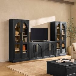 mopio Blake 4 Piece Entertainment Center with Storage, Modern Farmhouse Arched Wall Unit Cabinet TV