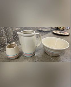 Vintage McCoy Pottery Pitcher Bowl with Pink and Blue Stripe USA Lot Of 3