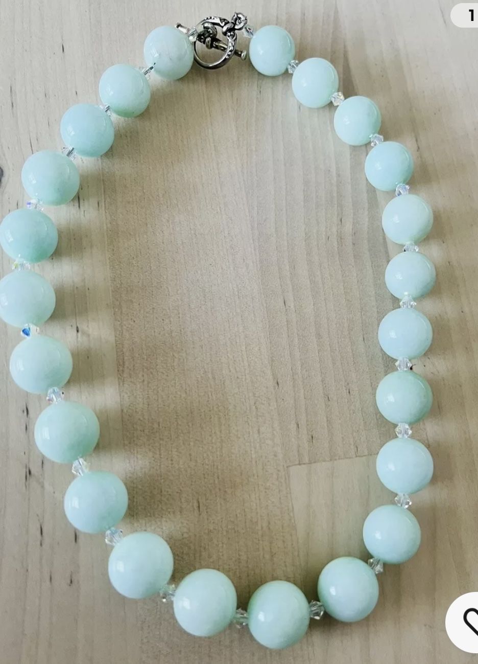 Handmade With Green Jade Swarovski Crystal Beaded Necklace 17”