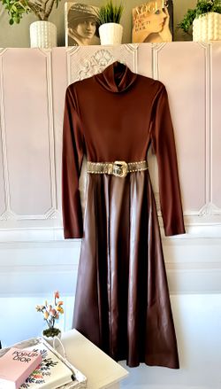 Brown, mid-ankle dress with a faux leather hem. Belt not included. COST: $20.