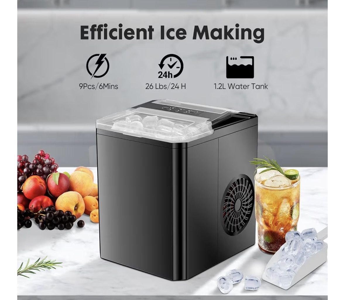 Sweetcrispy Countertop Ice Maker, Portable Ice Machine Self-Cleaning, 9 Cubes in 6 Mins, 26 lbs/24Hrs, 2 Sizes of Bullet Ice for Home Party Office