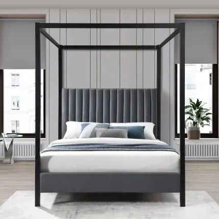 New King Black Metal & Grey Velvet Canopy Bed Frame