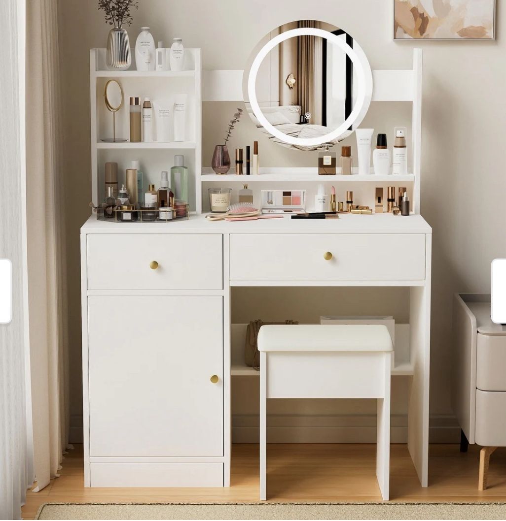 Fashion Vanity Desk with Mirror and Lights with Cushioned Chair