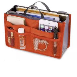 Women Multi-Pocket Travel Handbag Organizer Insert w Zipper Handles Purse Liner Orange 