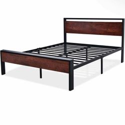 14 Inch Full Size Metal Platform Bed Frame with Wooden Headboard and Footboard, Mattress Foundation, No Box Spring Needed, Mahogany