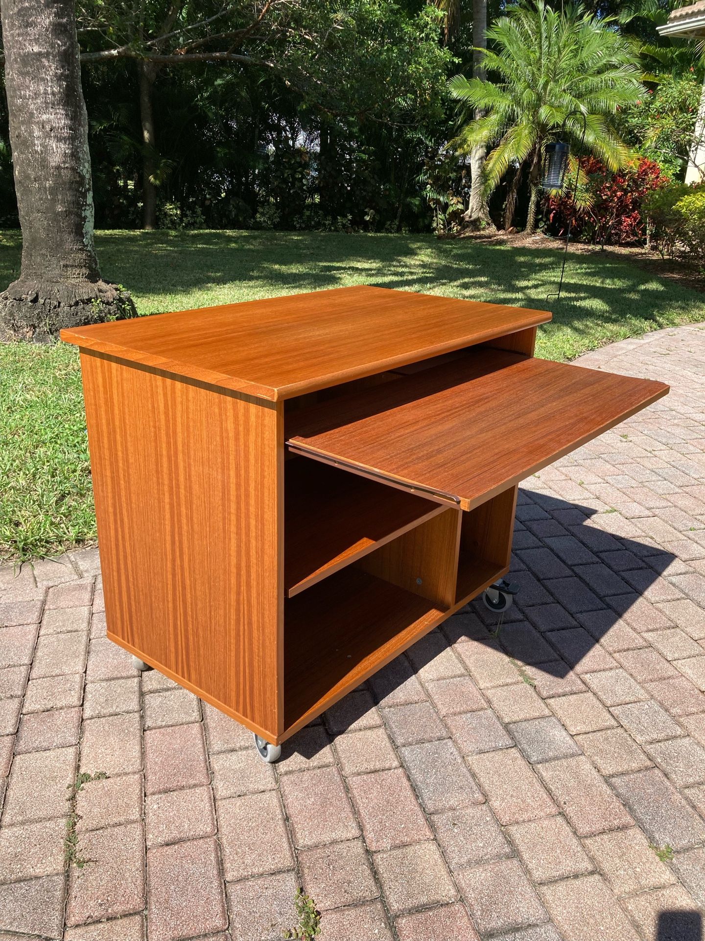 Danish Solid Teak Rolling Computer Desk Cart On Heavy Duty Wheels 