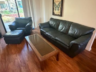 Complete Leather Living Room Set – Sofa, Chair & Ottoman + Coffee Table