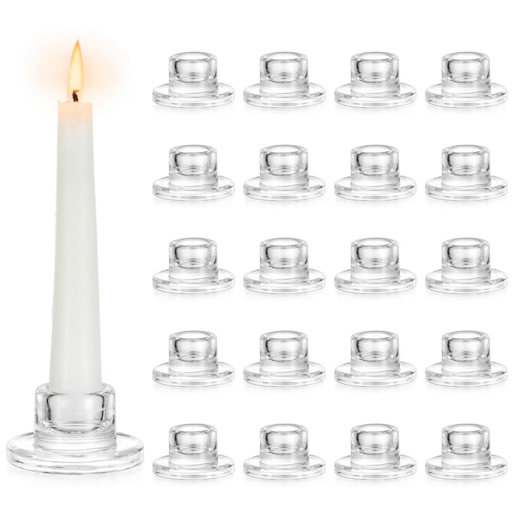 Hewory Glass Taper Candle Holders: 20 PCS Candlestick Holders Clear Short Tapered Candle Holder Set - Candle Stick Holder Decor for Table Centerpiece 