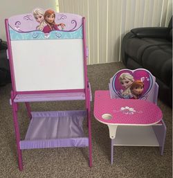 Mini desk chair with whiteboard, both  (The blackboard has some marker stripes).