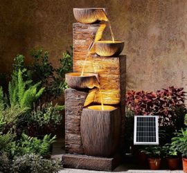 38.2" Solar Fountain Outdoor Garden 4 Tiers Stone Texture Modern Fountain