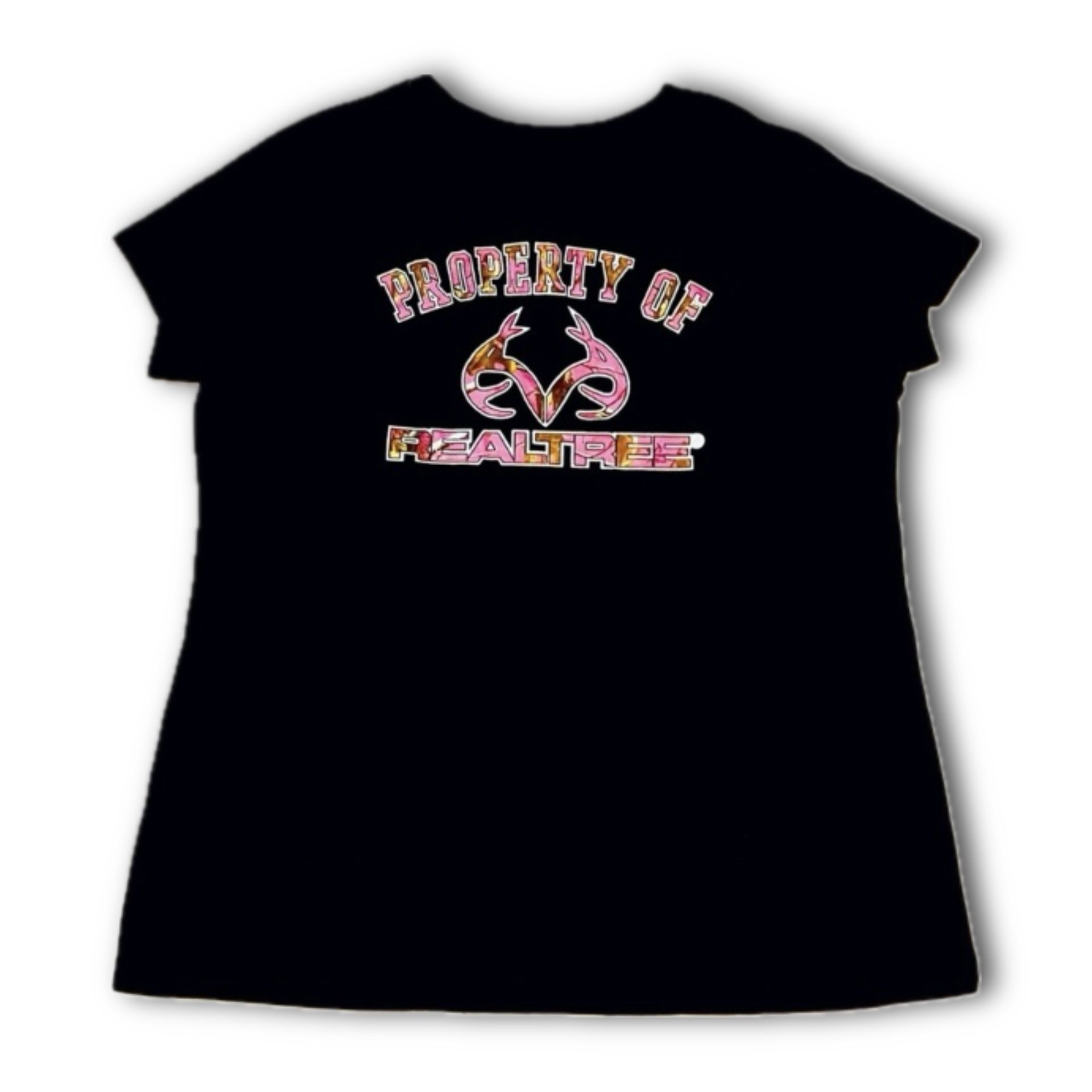 Women’s Black RealTree baby tee with pink camouflage lettering. Size M.