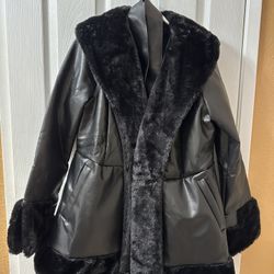 Beauty Women Faux Leather Jacket Winter Long Sleeve  Warm Belt Coat with Collar