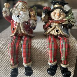 Ceramic Santa & Snowman W/Tree Shelf Sitters Fabric Legs Christmas Decor 