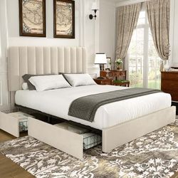 Velvet Queen Bed Frame With Storage Drawers 