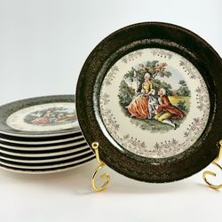 Set of 8 Vintage Taylor Smith Taylor "Colonial Couple" Green & Gold Filigree Bread Plates.