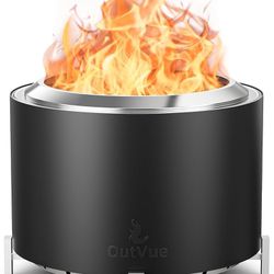 OutVue 27 Inch Stainless Steel Smokeless Fire Pit with Waterproof Cover Black Outdoor Smokeless Firepit with Fire Poker, Wood Burning Fire Pits for Bo