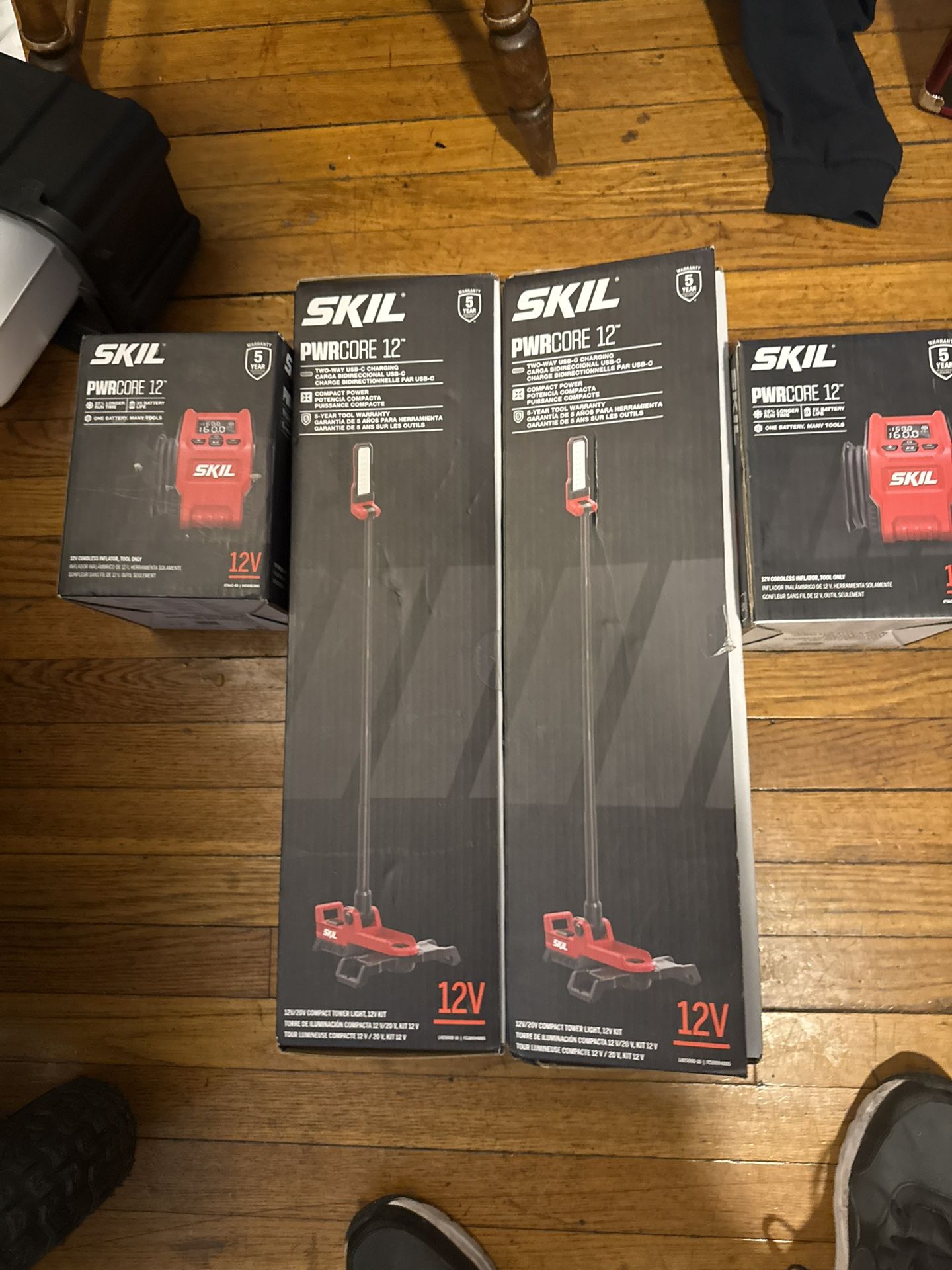 SKIL Air Compressor And Skill Power Core 12” Light Pole Brand New  $140 For A Set Of 1each Or Take It All For $250