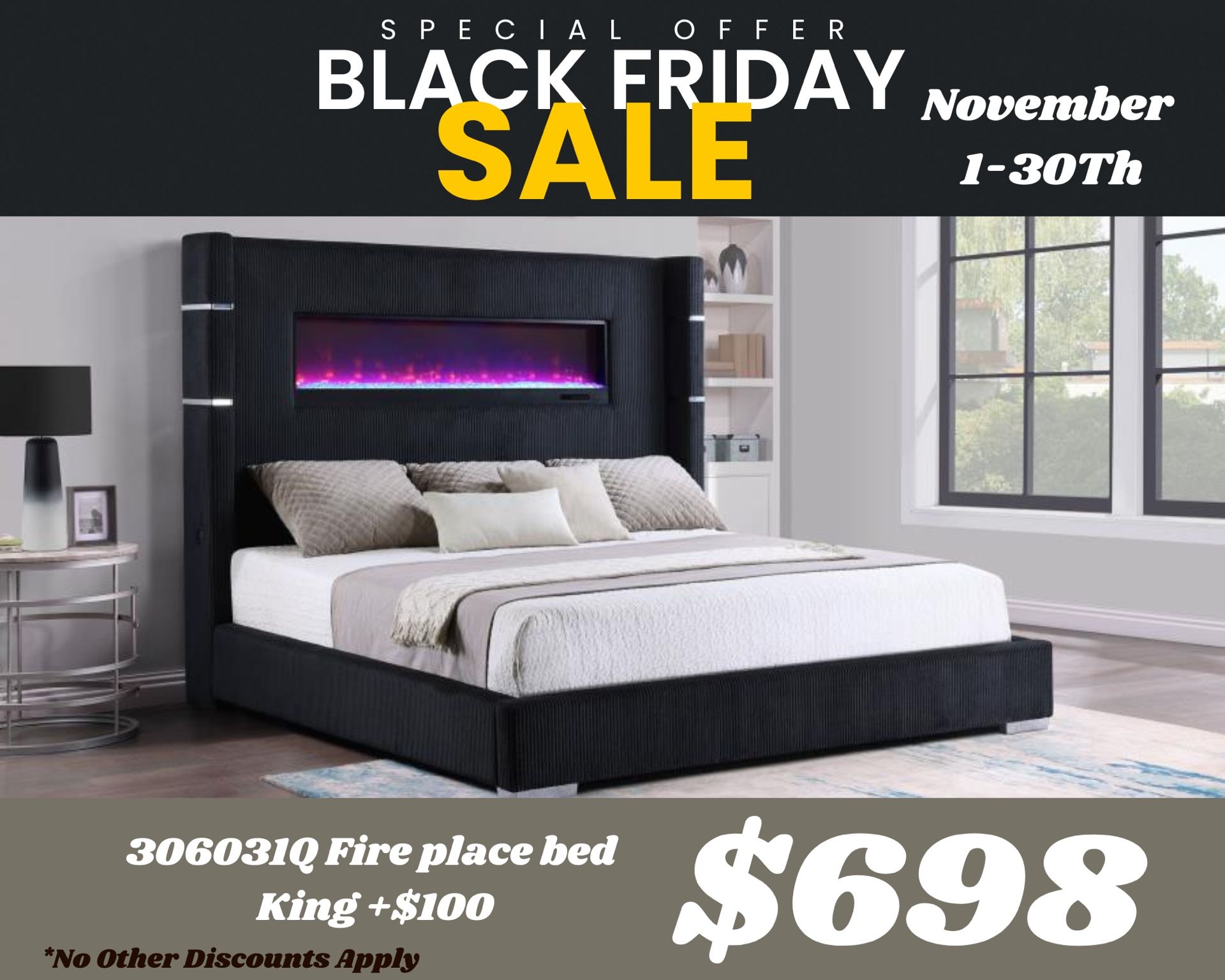 Queen Platform Bed With Fire Place In Black Velvet FREE DELIVERY