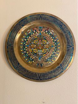 Vintage Aztec Calendar Brass Wall Hanging Plate 11”