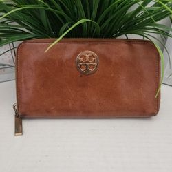 Tory Burch Wallet Brown Large Continental Leather Logo Zip Around Purse 