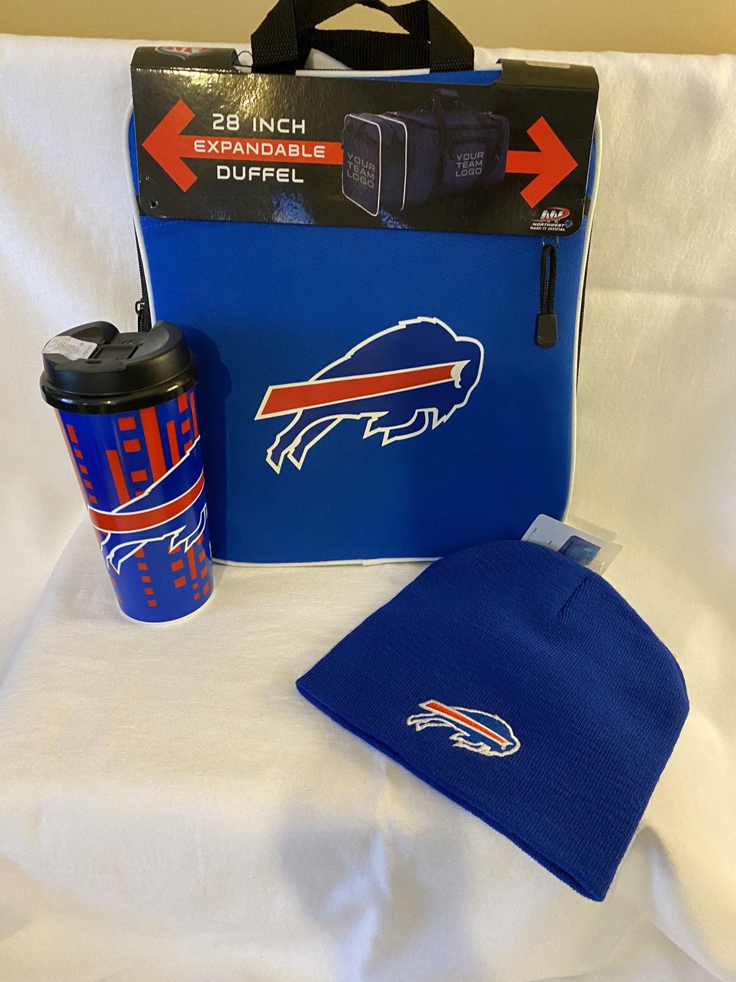 Buffalo Bills beanie cup and duffle bag