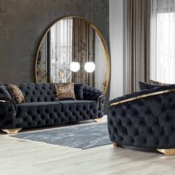 Lupino Black Velvet Living Room Set / couch /Sofa and Loveseat 