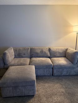Gray Corduroy 3-Piece Sectional + Ottoman —  OBO