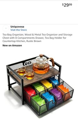 Tea organizer and storage chest with an 8-compartment drawer