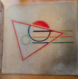 1980's Tisca French Hand Tufted Wool Rug Bauhaus Geometric Design with Primary Colors on Ivory , 200cm x 200cm