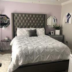 Silver Gray Full Upholstered Bed with Mirrored Dresser, Chest and 2 Nightstands • Bedroom Set