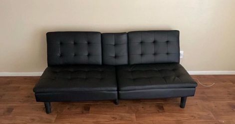 Black Faux Leather Tufted Futon Sofa