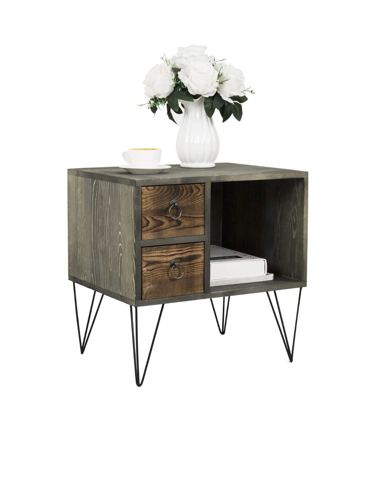 MyGift 19 Inch Short End Table, Brown Solid Wood Bedroom Nightstand with Black Metal Legs, 2 Drawers and Open Cabinet, Side Table for Small Spaces