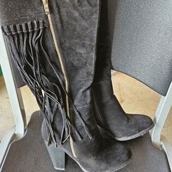 Black Fringe Mid Calf Tall Knee High Chunky Thick Heel Cowboy Western Women Boot size 5 1/2