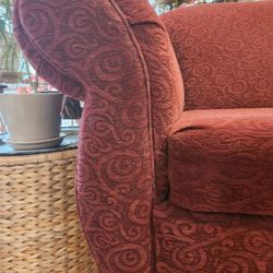 Deep Red Hard Back Designer Couch And High Arm Chair.