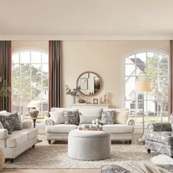 4-Pieces Chesterfield Couch Set Chenille Sofa Loveseat and Flora Armchair Living Room Set with Storage Coffee Table