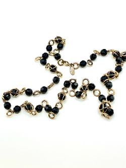 Vintage Ann Taylor black beaded gold tone necklace 35”
