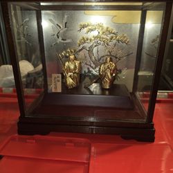 Okimono sterling silver takasago couple glass case