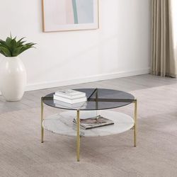 💎Modern Round Glass Top Coffee Table White Marble Shelf Gold💎